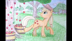 Size: 1191x670 | Tagged: safe, artist:thefriendlyelephant, derpibooru import, applejack, rainbow dash, applebucking, apple orchard, apples falling, buck, bucket, cowboy hat, hat, hill, solo, traditional art, tree