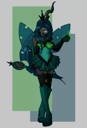 Size: 842x1233 | Tagged: artist:dreamerswork, boots, clothes, collar, derpibooru import, horned humanization, human, humanized, mirror, queen chrysalis, safe, sailor moon, sailor scout, skirt, solo, stockings, wand, winged humanization