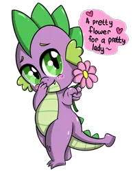 Size: 3049x3935 | Tagged: safe, artist:wickedsilly, derpibooru import, spike, dragon, baby, baby dragon, blushing, crush, cute, dialogue, eyebrows, flower, green eyes, heart, implied rarity, implied shipping, male, simple background, solo, spikabetes