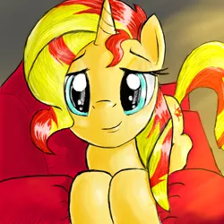 Size: 1000x1000 | Tagged: safe, artist:manfartwish, derpibooru import, sunset shimmer, pony, unicorn, couch, cute, looking at you, shimmerbetes, solo