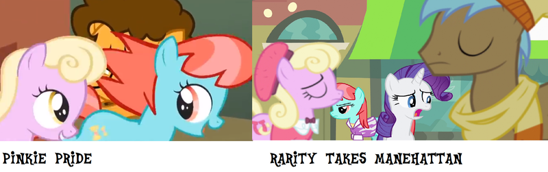 Size: 2132x668 | Tagged: background pony, cheese sandwich, comparison, derpibooru import, filly, luckette, neigh sayer, pinkie pride, rarity, rarity takes manehattan, safe, screencap, singing, strawberry ice