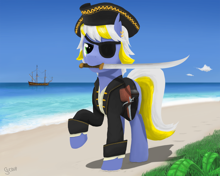Size: 2055x1644 | Tagged: safe, artist:mrscroup, derpibooru import, oc, unofficial characters only, earth pony, pony, beach, hat, mouth hold, ocean, pirate, pirate hat, signature, solo, sword