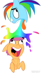 Size: 1077x1888 | Tagged: safe, artist:themarquisofdorks, derpibooru import, rainbow dash, scootaloo, pegasus, pony, abuse, duo, female, filly, mare, puking rainbows, scootabuse, scootobsession, simple background, tongue out, transparent background, vomiting, wat