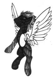 Size: 750x1065 | Tagged: safe, artist:ravetuba, derpibooru import, oc, unofficial characters only, pegasus, pony, monochrome, silhouette, solo, traditional art