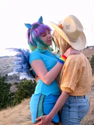 Size: 600x800 | Tagged: safe, artist:liquidshad0w, artist:sakai-mew-sky, derpibooru import, applejack, rainbow dash, human, appledash, clothes, cosplay, cowboy hat, female, hat, irl, irl human, jeans, lesbian, photo, shipping