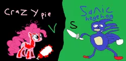 Size: 1024x496 | Tagged: semi-grimdark, artist:sonicth4, derpibooru import, pinkie pie, earth pony, pony, 1000 hours in ms paint, blood, chainsaw, female, knife, male, mare, messy mane, ms paint, quality, sanic, sonic the hedgehog, sonic the hedgehog (series), versus, wat