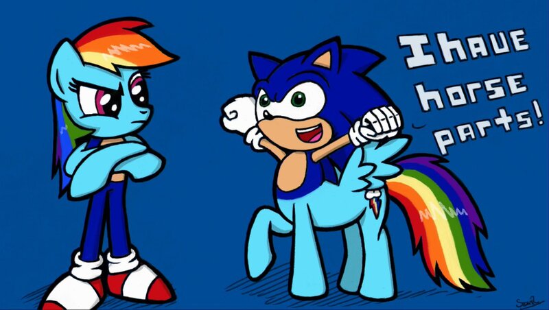 Size: 1190x672 | Tagged: artist:sheandog, centaur, crossed arms, crossover, derpibooru import, dialogue, hybrid, open mouth, rainbow dash, safe, simple background, sonic the hedgehog, sonic the hedgehog (series), what has science done