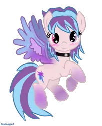 Size: 2292x2820 | Tagged: artist:moekonya, blushing, choker, colored wings, derpibooru import, flying, gradient hooves, gradient wings, heterochromia, looking at you, oc, oc:shiny dawn, safe, simple background, smiling, solo, spread wings, transparent background, unofficial characters only