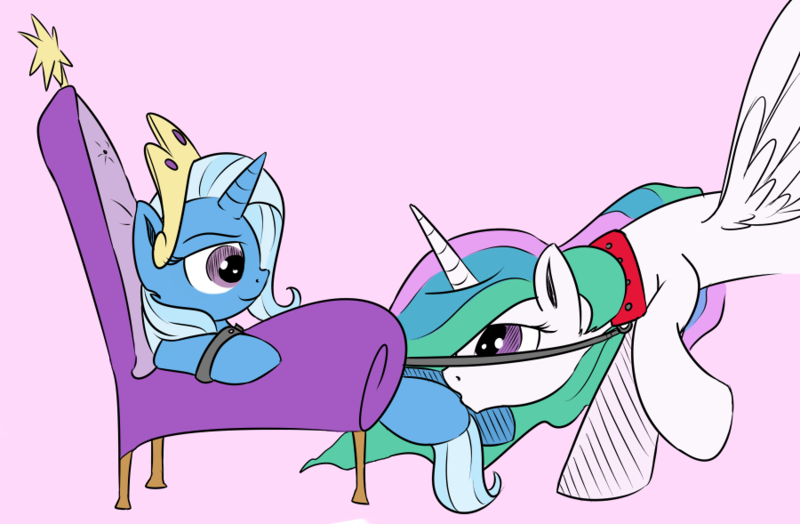 Size: 900x589 | Tagged: artist:tiki2, artist:xioade, chair, collar, derpibooru import, eye contact, female, femsub, hoof fetish, hoof worship, kissing, leash, lesbian, pet play, princess celestia, raised hoof, shipping, sitting, spread wings, sublestia, submissive, suggestive, throne, trixie, trixlestia