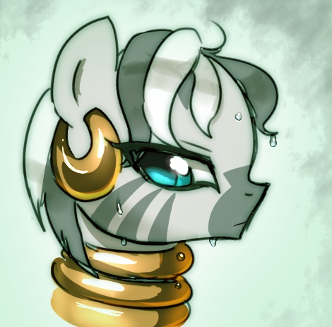 Size: 470x463 | Tagged: artist:araraginatsuki, bust, derpibooru import, ear piercing, earring, jewelry, lidded eyes, neck rings, piercing, pixiv, portrait, quadrupedal, safe, solo, unamused, wet, wet mane, zebra, zecora