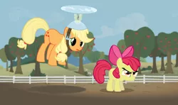 Size: 854x506 | Tagged: safe, derpibooru import, edit, edited screencap, screencap, apple bloom, applejack, helicopter, pun