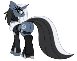 Size: 1500x1200 | Tagged: suggestive, artist:raver1357, derpibooru import, oc, oc:silver romance, unofficial characters only, pony, unicorn, bell, bell collar, buttcrack, collar, digital art, glasses, looking back, plot, simple background, solo, transparent background, vector