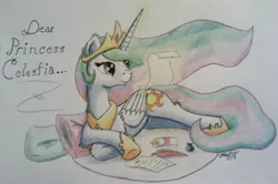 Size: 2462x1632 | Tagged: safe, artist:niegelvonwolf, derpibooru import, princess celestia, magic, scroll, solo, traditional art