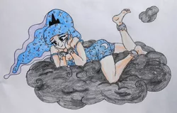 Size: 1657x1053 | Tagged: anklet, artist:7yashka7, artist:synch-anon, barefoot, bedroom eyes, clothes, cloud, derpibooru import, feet, human, humanized, nightgown, princess luna, prone, safe, smiling, solo, stormcloud, traditional art