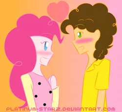 Size: 932x857 | Tagged: safe, artist:platinum-starz, derpibooru import, cheese sandwich, pinkie pie, human, blushing, cheesepie, eye contact, female, heart, humanized, male, shipping, smiling, straight