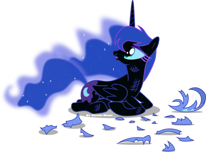 Size: 3368x2489 | Tagged: safe, artist:vector-brony, derpibooru import, nightmare moon, princess luna, alicorn, pony, broken, colored, frown, injured, missing accessory, nightmare luna, open mouth, prone, sad, simple background, solo, transparent background, vector