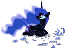 Size: 3368x2489 | Tagged: safe, artist:vector-brony, derpibooru import, nightmare moon, princess luna, alicorn, pony, broken, colored, frown, injured, missing accessory, nightmare luna, open mouth, prone, sad, simple background, solo, transparent background, vector