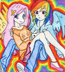 Size: 1524x1692 | Tagged: angel bunny, artist:awkwardartist666, artist:racoonsan, breasts, clothes, converse, edit, fluttershy, human, humanized, off shoulder, rainbow dash, safe, shoes, skirt, sweater, sweatershy, traditional art, winged humanization