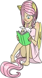 Size: 256x472 | Tagged: angel bunny, artist:heyitshappydoodle, barefoot, clothes, derpibooru import, dress, eared humanization, fanservice, feet, fluttershy, human, humanized, panties, skirt, solo, suggestive, tailed humanization, underwear, upskirt, winged humanization, yellow underwear