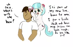 Size: 2433x1577 | Tagged: artist:frikdikulous, bow, cocobetes, coco pommel, colored, cute, derpibooru import, dialogue, human, oc, oc:anon, safe, simple background, sketch