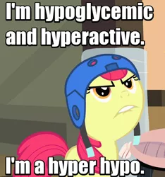 Size: 405x433 | Tagged: safe, derpibooru import, screencap, apple bloom, somepony to watch over me, faic, helmet, image macro, lip bite, meme, mike myers, phillip the hyper hypo, saturday night live, solo