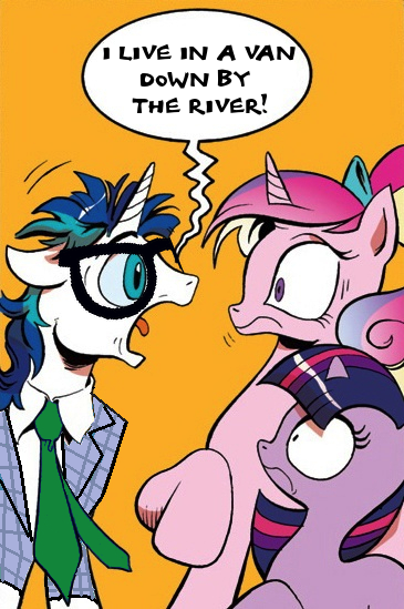 Size: 365x549 | Tagged: chris farley, derpibooru import, down by the river, edit, exploitable meme, filly, glasses, idw, matt foley, meme, princess cadance, safe, saturday night live, screaming armor, shining armor, spoiler:comic, twilight sparkle, younger