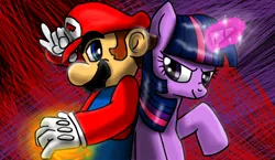 Size: 1900x1101 | Tagged: safe, artist:s216barber, derpibooru import, twilight sparkle, pony, unicorn, back to back, crossover, duo, mario, super mario bros., unicorn twilight