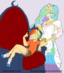 Size: 814x929 | Tagged: artist:dan-heron, caught, crown, human, humanized, humanized oc, jewelry, magical lesbian spawn, oc, oc:rainbow feather, offspring, parent:gilda, parent:rainbow dash, parents:gildash, princess celestia, regalia, safe, sitting, throne