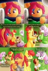 Size: 2048x3072 | Tagged: safe, artist:wavemasterkaz, derpibooru import, apple bloom, scootaloo, sweetie belle, oc, oc:lightning blitz, pegasus, pony, comic:ask motherly scootaloo, baby, baby bottle, baby pony, blank flank, bottle, clothes, colt, comic, cutie mark crusaders, dialogue, diaper, foal, hairpin, holding a pony, male, motherly scootaloo, offspring, older, older apple bloom, older scootaloo, older sweetie belle, parent:rain catcher, parent:scootaloo, parents:catcherloo, sweater, sweatshirt