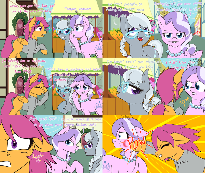 Size: 2560x2160 | Tagged: safe, artist:naomiknight17, derpibooru import, diamond tiara, scootaloo, silver spoon, pony, comic:ask motherly scootaloo, clothes, comic, glasses, hairpin, mama bear, motherly scootaloo, older, punch, stress relief, sweatshirt, teenager, tiarabuse, tumblr