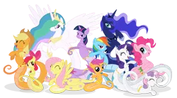 Size: 1540x851 | Tagged: apple bloom, applejack, artist:elsdrake, cutie mark crusaders, derpibooru import, fluttershy, fluttersnake, lamia, lamiafied, lamiajack, lamity, mane six, original species, pinkie pie, pinklamia pie, princess celestia, princess luna, rainbow coils, rainbow dash, rarity, safe, scootaloo, simple background, species swap, sweetie belle, transparent background, twilamia, twilight snakle, twilight sparkle