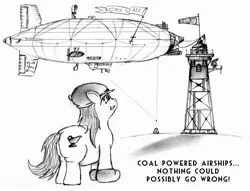 Size: 2576x1964 | Tagged: airship, artist:pitpone, ask, british, chubby, coal, derpibooru import, english, fat, gravy, gravy boat, hat, imminent explosion, monochrome, oc, oc:pit pone, plot, safe, solo, the ass was fat, this will not end well, tower, tumblr, unofficial characters only, zeppelin