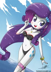 Size: 739x1055 | Tagged: suggestive, artist:the-butch-x, derpibooru import, rarity, equestria girls, adorasexy, armpits, bandeau, bangles, beach, belly button, bicolor swimsuit, bikini, black swimsuit, blushing, bracelet, breasts, busty rarity, cleavage, clothes, cute, cutie mark, cutie mark on equestria girl, female, garter, looking at you, nail polish, ocean, raribetes, sexy, solo, solo female, swimsuit, water, x summer