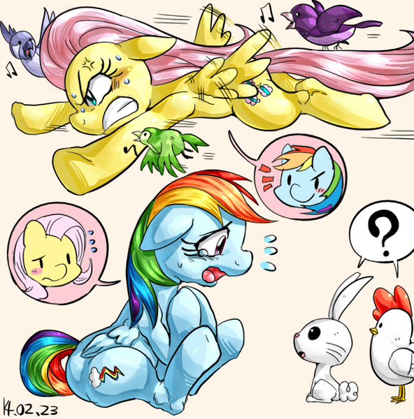 Size: 600x608 | Tagged: safe, artist:nekubi, derpibooru import, angel bunny, fluttershy, rainbow dash, bird, chicken, pegasus, pony, body swap, cross-popping veins, crying, pixiv