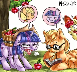Size: 600x564 | Tagged: safe, artist:nekubi, derpibooru import, apple bloom, applejack, twilight sparkle, earth pony, pony, unicorn, accessory swap, apple, basket, body swap, book, bow, female, food, freckles, glasses, hair bow, lesbian, mare, open mouth, panting, pixiv, question mark, role reversal, shipping, shocked, smiling, sweat, tired, tongue out, twijack, working