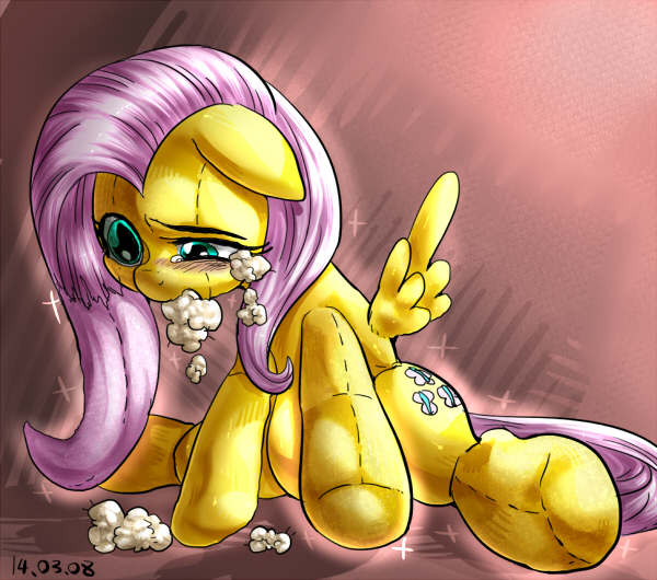 Size: 600x530 | Tagged: semi-grimdark, artist:nekubi, derpibooru import, fluttershy, ponified, object pony, original species, pegasus, pony, blushing, crying, doll, dollified, floppy ears, fluffy, inanimate tf, looking down, pixiv, plushie, plushification, sitting, solo, transformation, wings