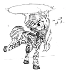 Size: 4288x4705 | Tagged: absurd resolution, applejack, artist:ravetuba, derpibooru import, lasso, monochrome, mouth hold, rope, safe, solo, species swap, traditional art, unshorn fetlocks, zebra, zebrafied, zebrajack