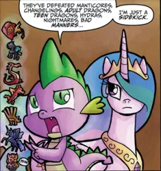 Size: 769x819 | Tagged: safe, derpibooru import, idw, basil, garble, nightmare moon, princess celestia, spike, alicorn, changeling, dragon, hydra, manticore, pony, spoiler:comic, spoiler:comicff3, arson murder and jaywalking, duo, ethereal mane, female, male, mare, multiple heads, official comic, speech bubble, teenaged dragon