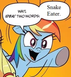 Size: 334x366 | Tagged: safe, derpibooru import, rainbow dash, exploitable meme, meme, metal gear, metal gear solid 3, snake eater, song, two words meme