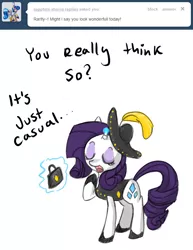 Size: 638x825 | Tagged: artist:moonblizzard, ask, bag, clothes, derpibooru import, hat, magic, rarity, rarity answers, safe, solo, tumblr