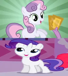 Size: 576x648 | Tagged: safe, derpibooru import, rarity, spike, sweetie belle, female, filly, filly rarity, fistful of tickets, fistful of yen, male, raribelle, shipping, spikebelle, straight, ticket, wrong aspect ratio, younger