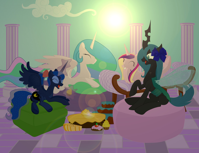 Size: 4500x3462 | Tagged: safe, artist:artknorke, derpibooru import, princess cadance, princess celestia, princess luna, queen chrysalis, alicorn, changeling, pony, bow, cake, cupcake, sun, underhoof