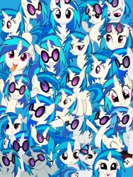 Size: 1200x1600 | Tagged: safe, artist:lozpony, derpibooru import, vinyl scratch, pony, unicorn, collage, cutie mark, drink, drinking, eyes closed, female, filly, foal, hooves, horn, looking at you, mare, multeity, open mouth, record, shrug, shrugpony, smiling, so much pony, solo, sunglasses, teeth, tongue out, vector, vinyl album, younger