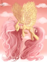 Size: 768x1024 | Tagged: artist:saoiirse, fluttershy, flying, long mane, long tail, painting, safe, solo