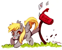 Size: 1280x1042 | Tagged: safe, artist:purochen, derpibooru import, derpy hooves, pegasus, pony, bucking, cute, derpabetes, female, mailbox, mare, mouth hold, smiling, solo