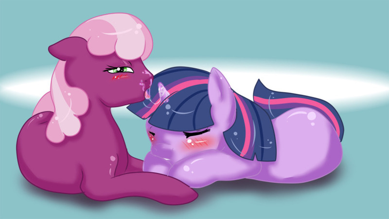 Size: 850x478 | Tagged: artist needed, questionable, derpibooru import, cheerilee, twilight sparkle, :o, blushing, cheerilight, drool, drool string, eyes closed, facial, female, floppy ears, hornjob, lesbian, looking at you, magical unicorn mayonnaise, prone, shipping, tongue out