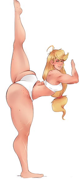 Size: 838x1920 | Tagged: active stretch, applebucking thighs, applebutt, applejack, artist:sundown, balancing, barefoot, bedroom eyes, breasts, clothes, derpibooru import, feet, female, flexible, freckles, grin, human, humanized, looking at you, needle stretch, scar, simple background, smiling, solo, solo female, suggestive, underwear, white bra, white panties, white underwear