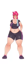Size: 838x1920 | Tagged: artist:sundown, belly button, breasts, busty cup cake, clothes, compression shorts, cup cake, derpibooru import, female, human, humanized, milf, solo, solo female, suggestive, sweat, thighs