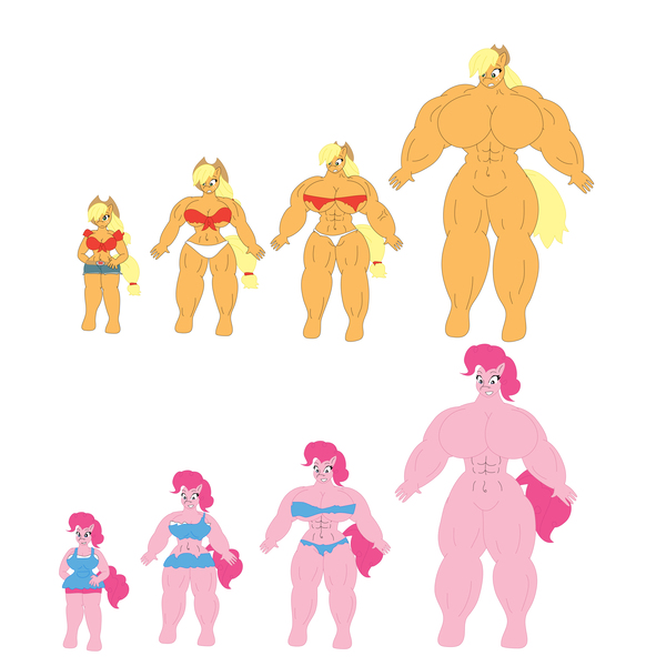 Size: 6000x6000 | Tagged: questionable, artist:jackurai, derpibooru import, applejack, pinkie pie, anthro, absurd resolution, applejacked, barbie doll anatomy, breasts, clothes, concept art, featureless breasts, fetish, macro, muscle fetish, muscles, panties, pinkie pump, torn clothes, underwear, wardrobe malfunction