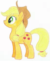 Size: 1731x2105 | Tagged: applejack, artist:muffin mane, derpibooru import, hat, safe, simple background, solo, traditional art